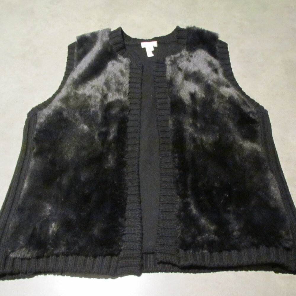 Chicos Vest Womens 2 Large Black Faux Fur Open